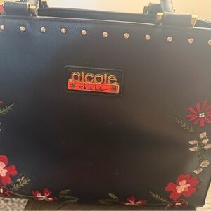 Nicole Black Tote with Red Floral Embroidery